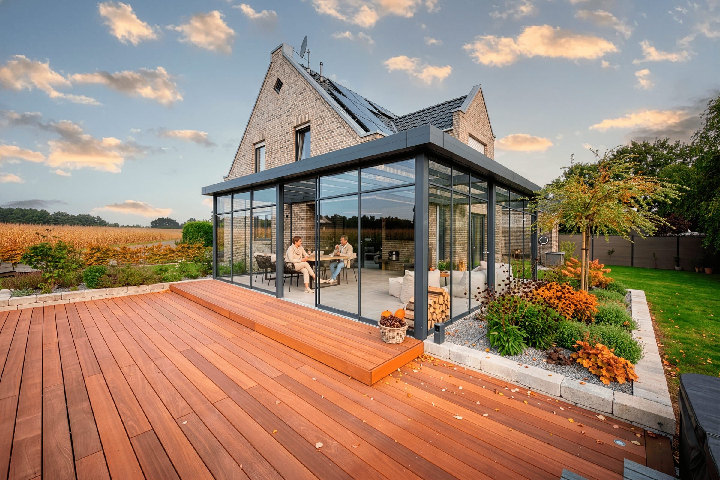 Tuinkamer met vlak dak en rondom glazen wanden op een houten vlonder, met twee mensen aan tafel en een akker op de achtergrond